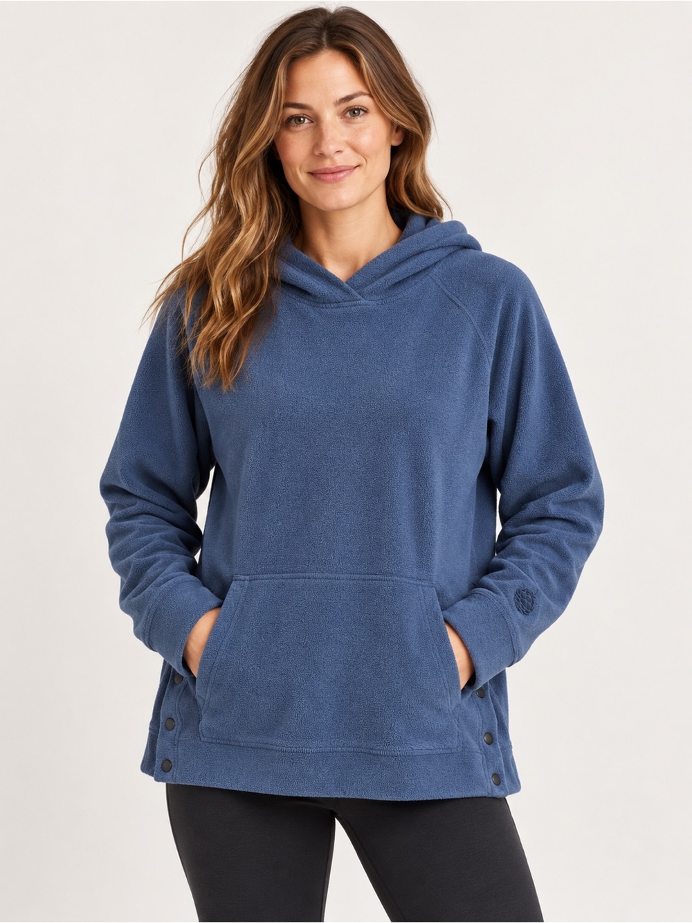 Stio Blue Fleece Hooded Pullover Side Snaps & Kangaroo Pocket L Outdoor Layer
